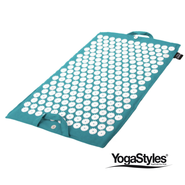 Turquoise Om Namaste spijkermat van 100% katoen met duizenden drukpunten.