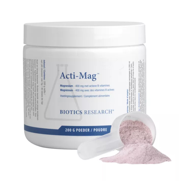 Biotics Acti-Mag Plus magnesium poeder neutraal 200 gram – magnesiumglycerolfosfaat met B-vitaminen, taurine en bamboe-extract van Biotics Research
