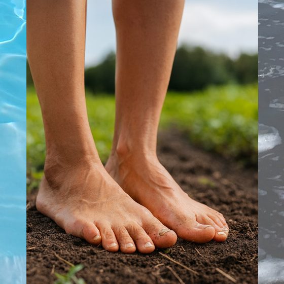 Blote voeten op aarde in een groentetuin, symbool voor aarden en verbinding met de natuur.