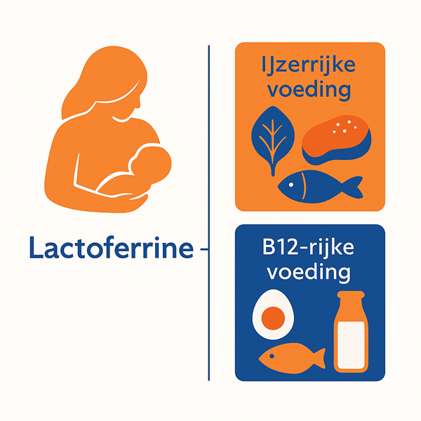 llustratie van lactoferrine: een moeder met baby en voedingsbronnen van ijzer (spinazie, linzen, vlees) en vitamine B12 (vis, ei, melk). Minimalistisch ontwerp in oranje en blauw.