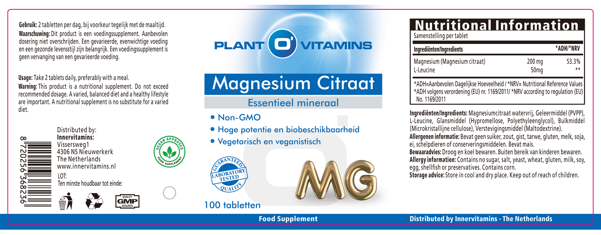 Etiket: Magnesium Citraat Plantovitamins 100 tabletten – hoog opneembare magnesiumsupplement