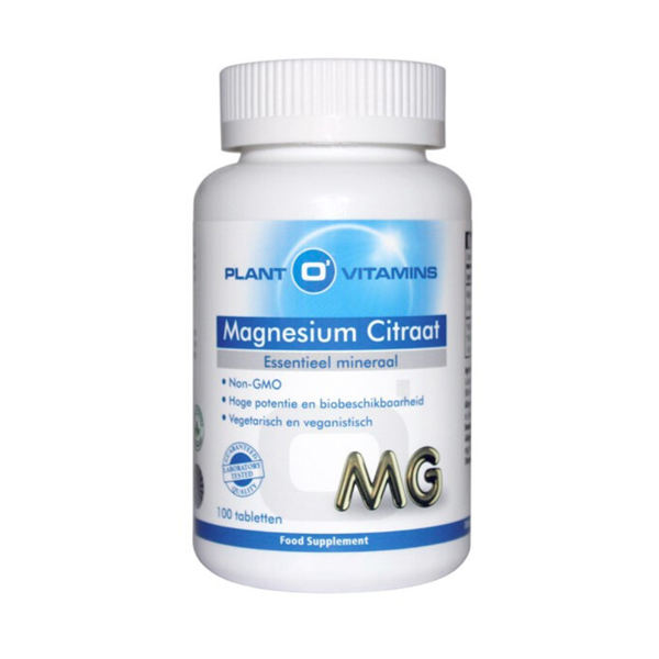 Plant O'Vitamins Magnesium Citraat 100 tabletten – 200 mg magnesiumcitraat per tablet organisch gebonden hoge biobeschikbaarheid veganistisch