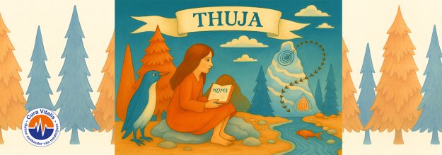 Dromerig Thuja-kind in een warme illustratie met oranje en blauwe bomen, symbolisch voor gevoeligheid en innerlijke kracht.