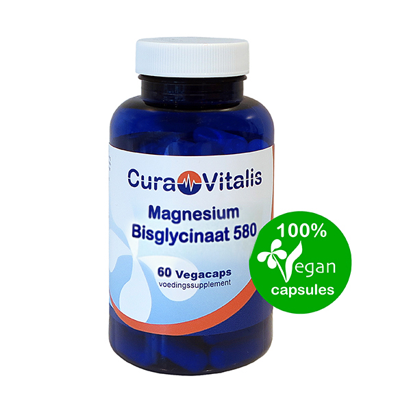 Cura Vitalis Magnesium Bisglycinaat 580mg 60 plantaardige HPMC capsules - 67mg elementair magnesium halal koosjer ArsPro BV Nederland EAN 8719326221915
