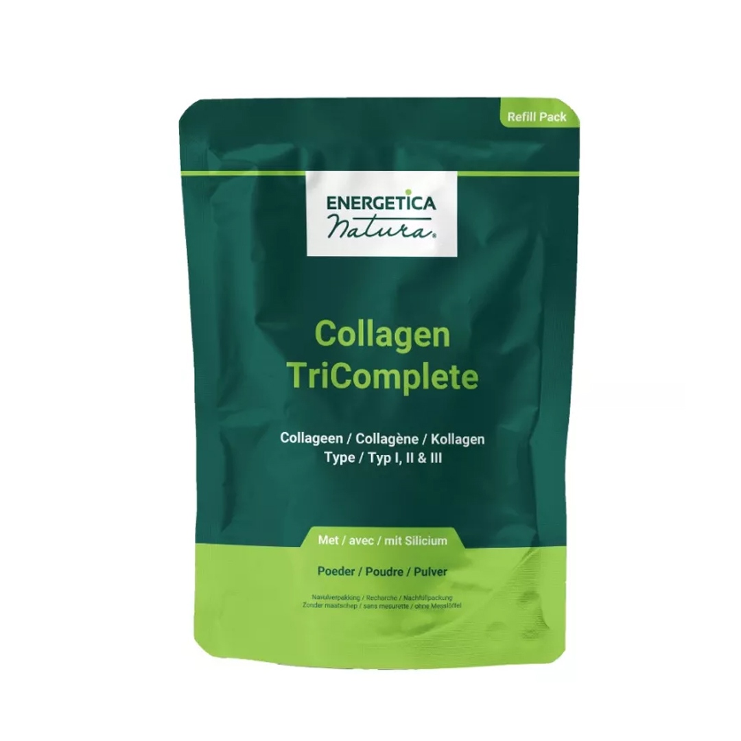 Collagen Tricomplete navulling 400 g van Energetica Natura – complete collageenformule met vitamine C, E, zink, silicium, mangaan en biotine.