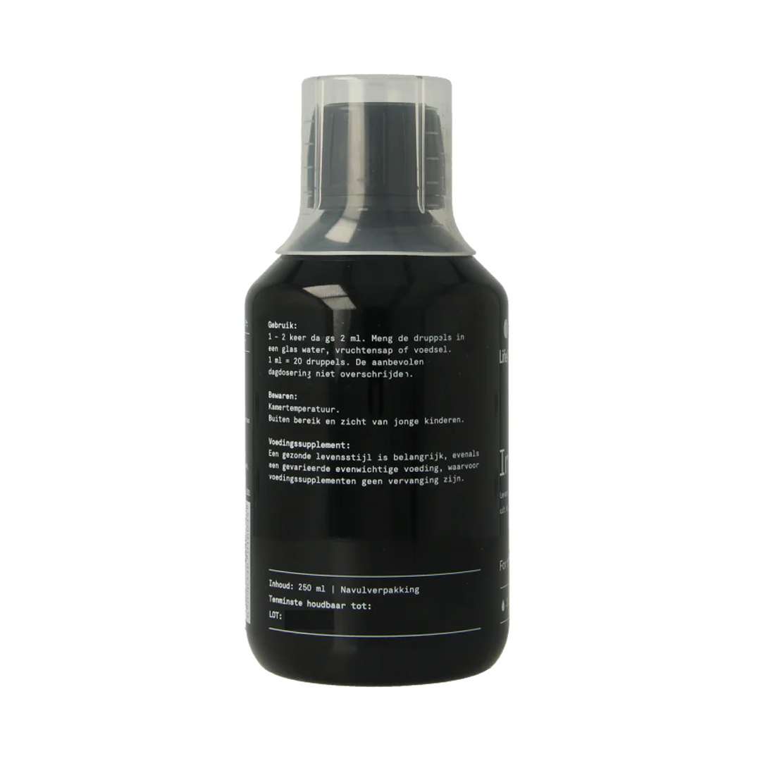 Fles LifeAid Immutines grootverpakking 250 ml met doseerdop, marien plasma uit de Beringzee rijk aan natuurlijke mineralen en spoorelementen.
