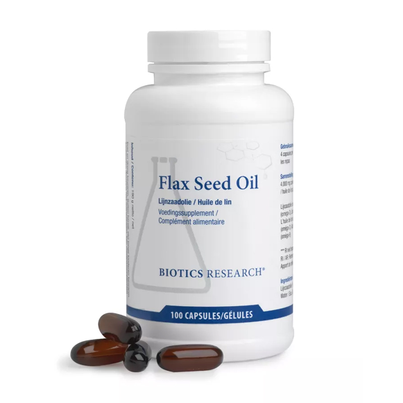 Biotics Research Flax Seed Oil – lijnzaadolie softgels en verpakking