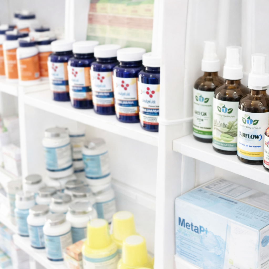 Overzicht van natuurlijke supplementen en zelfzorgproducten in een drogisterij setting van Cura Vitalis