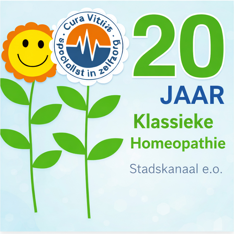 Klassieke homeopathie bij Cura Vitalis met bloemenillustratie ter ere van 20 jaar ervaring