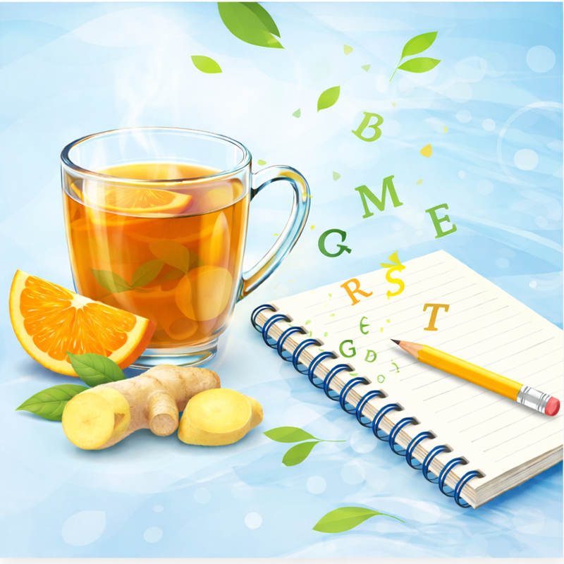 Inspirerende blog van Cura Vitalis met glas thee, losse letters en rustige sfeer