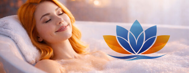 Sfeerabeelding vrouw in bad met lotusbloem in kleuren blauw en oranje