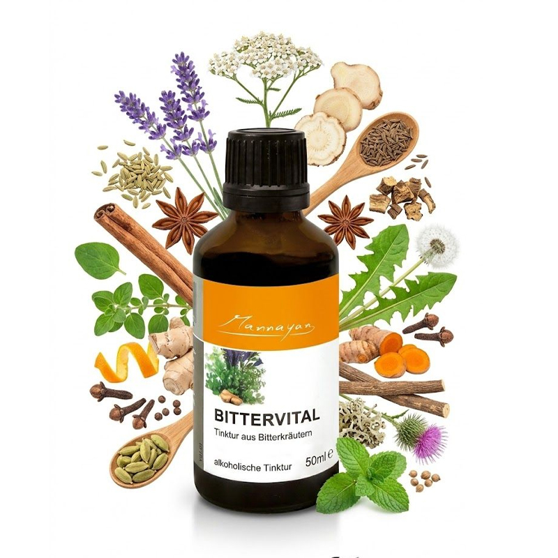 Mannayan Bittervital bitterkruiden tinctuur 50 ml – 21 kruiden gentiaan lavendel duizendblad engelwortel gember mariadistel kurkuma zoethout pepermunt 40% alcohol