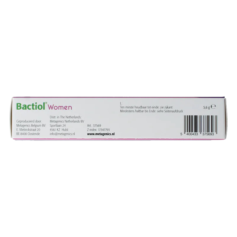 Metagenics Bactiol Women met levende bacteriën en vitaminen voor dagelijks gebruik. Zijkant doosje.
