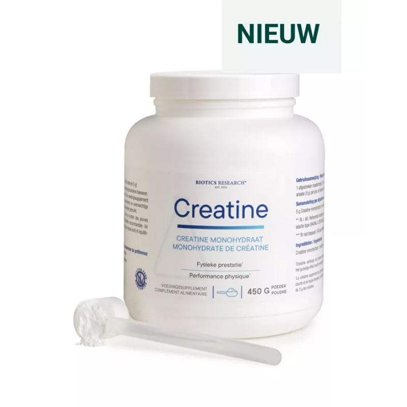 Biotics Research Creatine Monohydraat 450 gram – zuiver gemicroniseerd creatinepoeder van Biotics Research, verkrijgbaar bij Cura Vitalis - Nieuw!