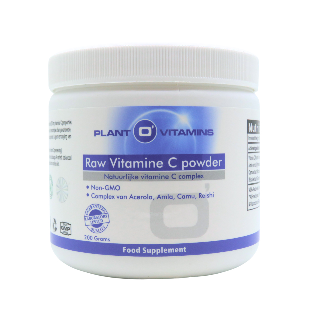 Plant O'Vitamins Raw Vitamine C Poeder 200 gram – acerola amla camu-camu reishi blauwbessenaroma natuurlijke vitamine C formule