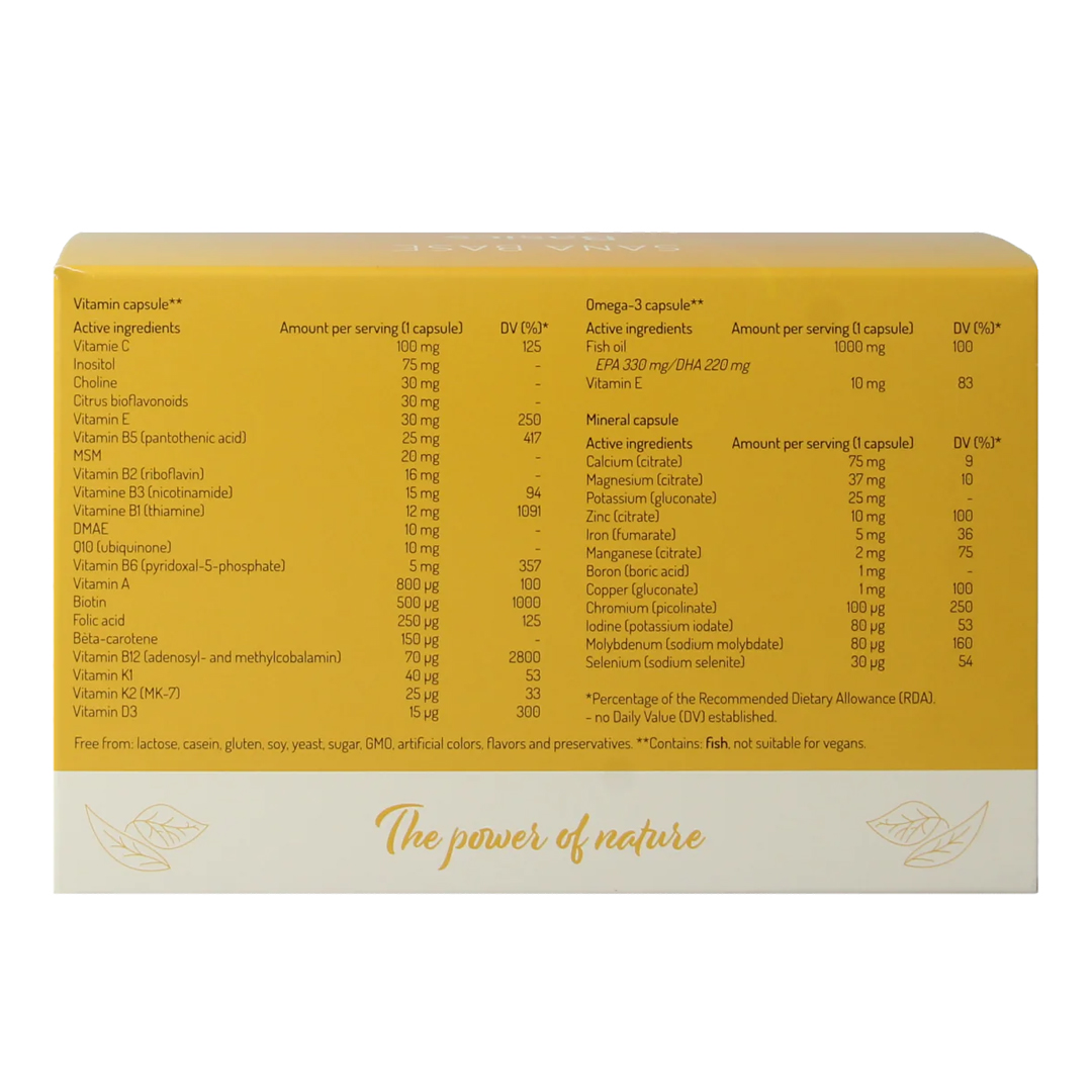RPSH Sana Base vitamines mineralen omega 3 – 31 sachets met vitamine-, omega 3- en mineraalcapsule per dagdosering van RPSH Sanitas Humanus