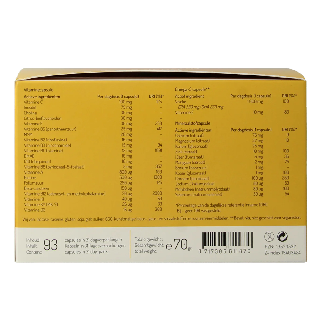 RPSH Sana Base vitamines mineralen omega 3 – 31 sachets met vitamine-, omega 3- en mineraalcapsule per dagdosering van RPSH Sanitas Humanus