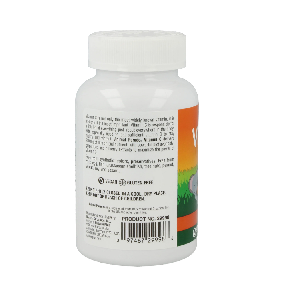 NaturesPlus Animal Parade Vitamine C 90 kauwbare tabletten – 250 mg vitamine C per portie met bioflavonoïdencomplex voor kinderen, veganistisch