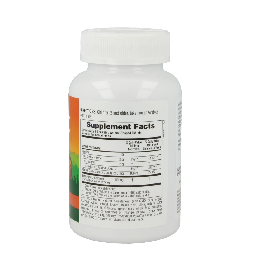 NaturesPlus Animal Parade Vitamine C 90 kauwbare tabletten – 250 mg vitamine C per portie met bioflavonoïdencomplex voor kinderen, veganistisch