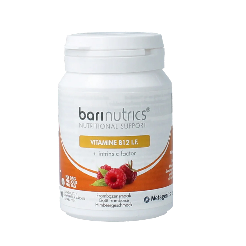 Barinutrics Vitamine B12 I.F. framboos 90 kauwtabletten – 1000 µg methylcobalamine intrinsieke factor 20 mg frambozensmaak mannitol xylitol