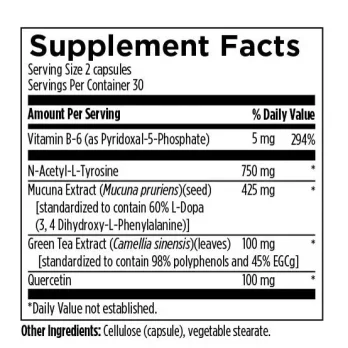 Designs for Health DopaBoost capsules – mucuna-extract 60% L-DOPA met N-acetyl-tyrosine, quercetine en vitamine B6. label met ingrediënten.