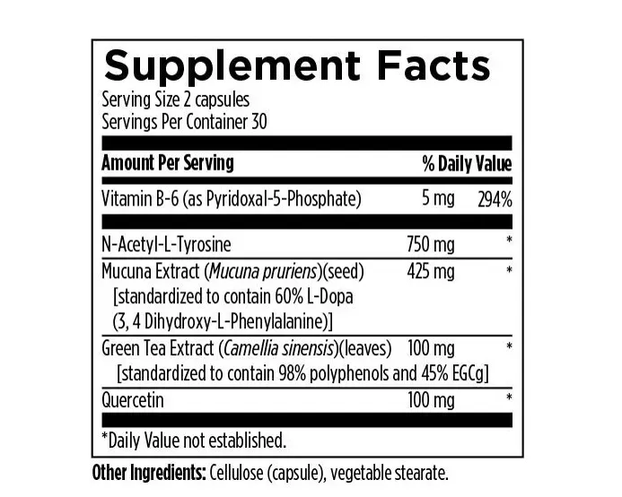 Designs for Health DopaBoost capsules – mucuna-extract 60% L-DOPA met N-acetyl-tyrosine, quercetine en vitamine B6. label met ingrediënten.