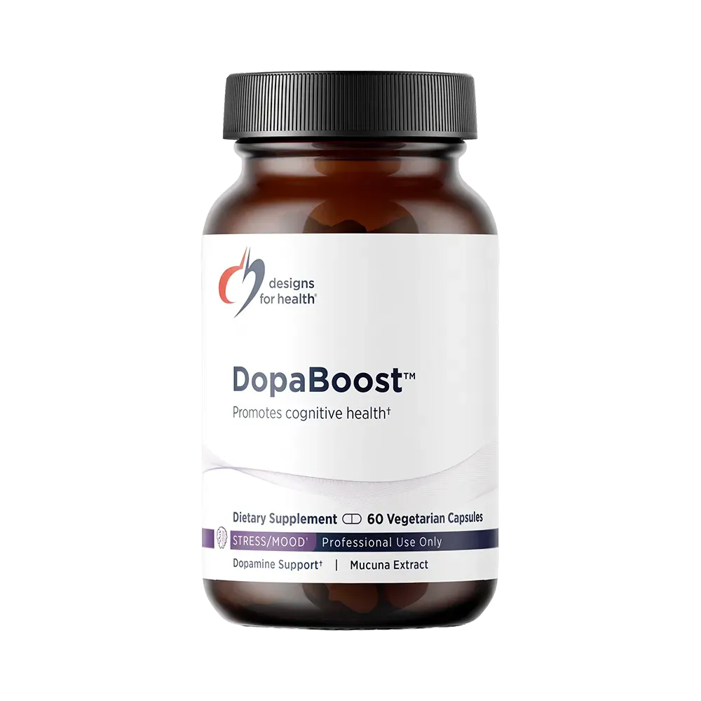 Designs for Health DopaBoost. 60 capsules. Mucuna pruriens 425 mg (60% L-DOPA), groene thee, quercetine en vitamine B6. Vegetarisch en glutenvrij.