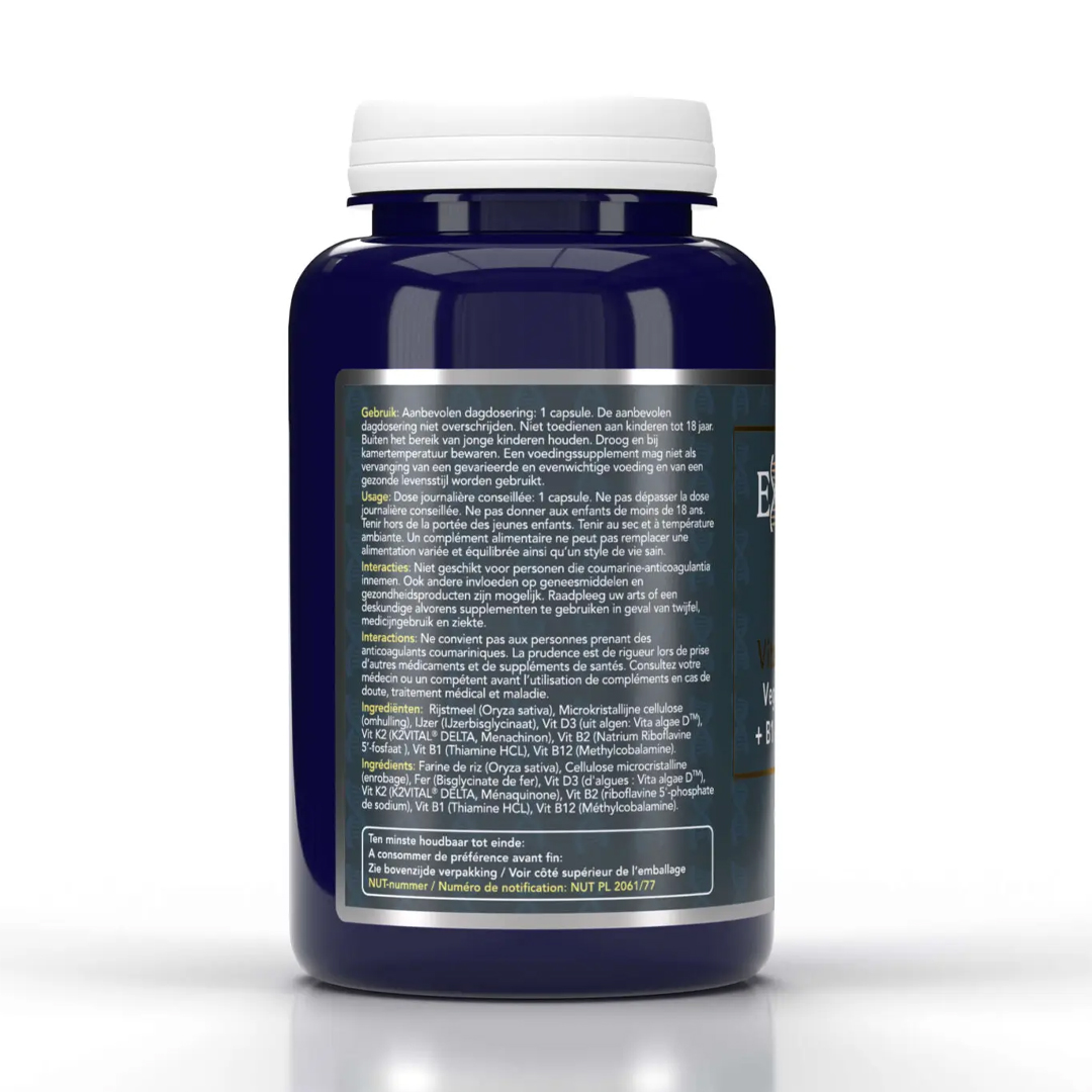 Exendo vegan vitamine D3 3000 IE met K2, B1, B2, B12 en ijzer – 60 capsules – geschikt voor veganisten