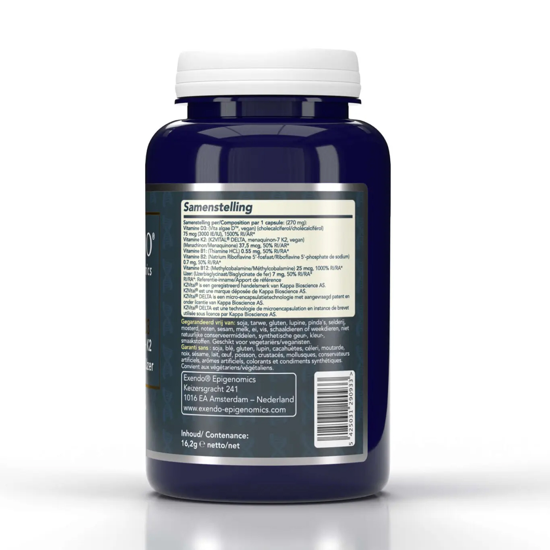 Exendo vegan vitamine D3 3000 IE met K2, B1, B2, B12 en ijzer – 60 capsules – geschikt voor veganisten
