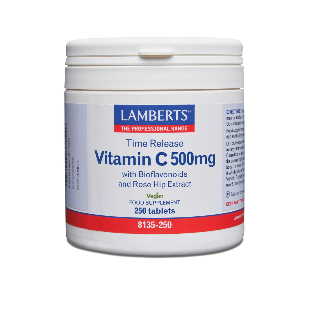 Lamberts Vitamine C 500 Time Release en Bioflavonoïden 250 tabletten – 500 mg vitamine C met citrusbioflavonoïden en rozenbottel, 6 uur afgifte, veganistisch