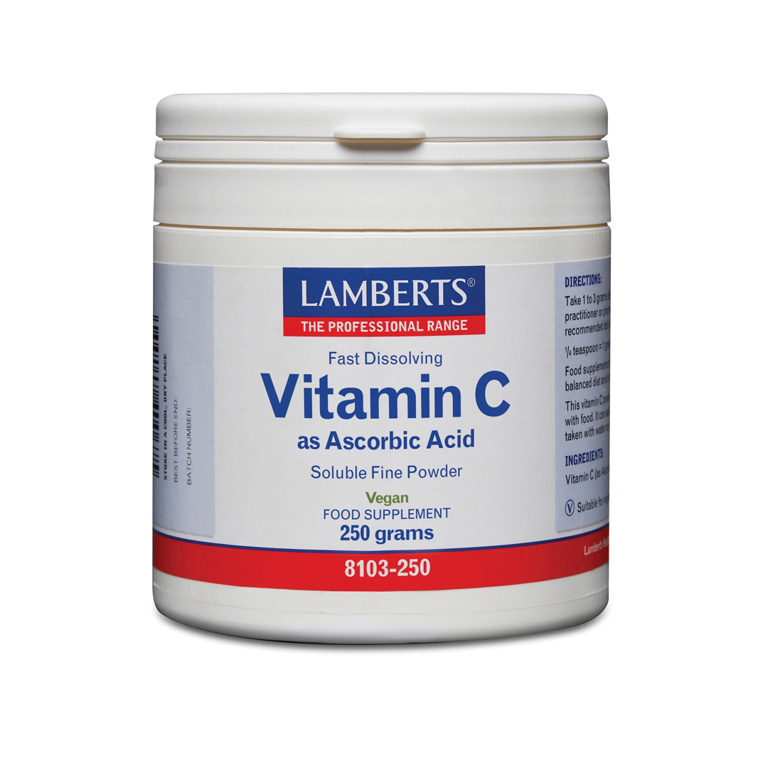 Lamberts Vitamine C Ascorbinezuur 250 gram poeder – puur ascorbinezuur poeder 1000 mg per gram, veganistisch, frisse scherpe smaak