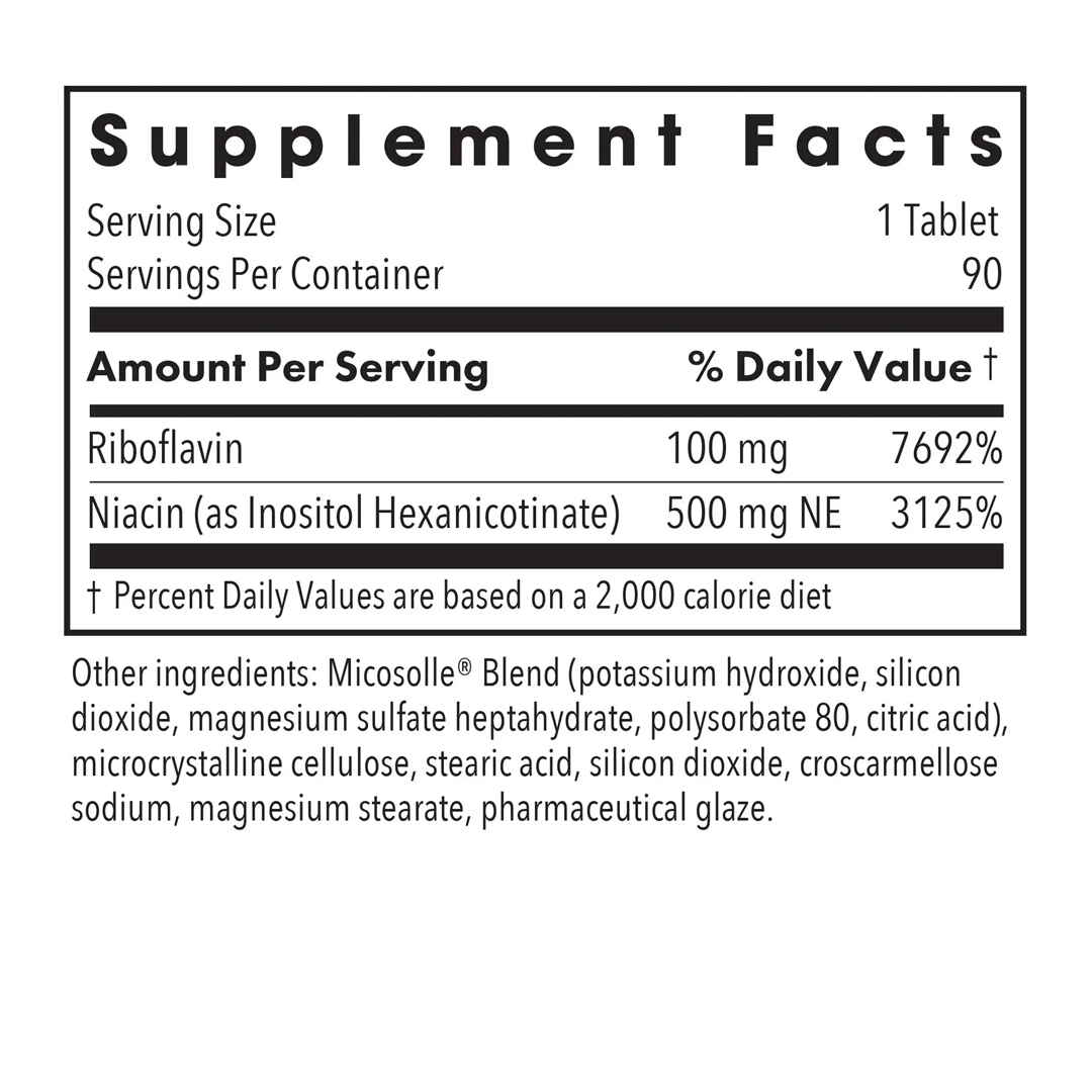 Allergy Research Group ATP Cofactors 90 tabletten – 100 mg riboflavine en 500 mg niacine als inositolhexanicotinaat per tablet - etiket