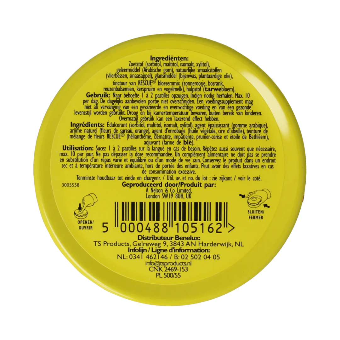 Bach Rescue Pastilles Sinaasappel 50 g bij Cura Vitalis. Suikervrije pastilles met de originele Rescue bloesemmix en natuurlijke sinaasappelsmaak.