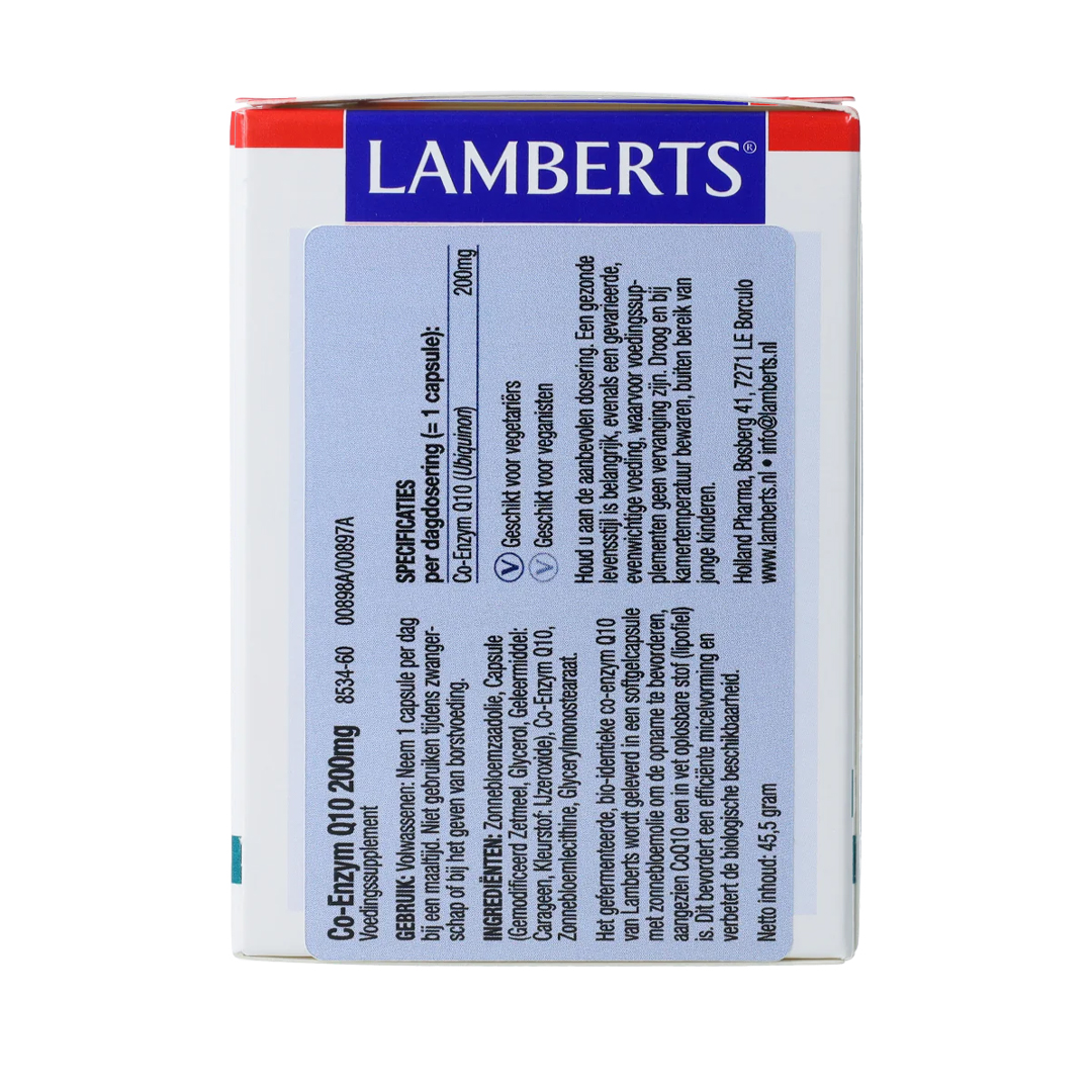 Lamberts Co-enzym Q10 200 mg 60 vegetarische capsules – gefermenteerd bio-identiek CoQ10 in zonnebloemolie, veganistisch