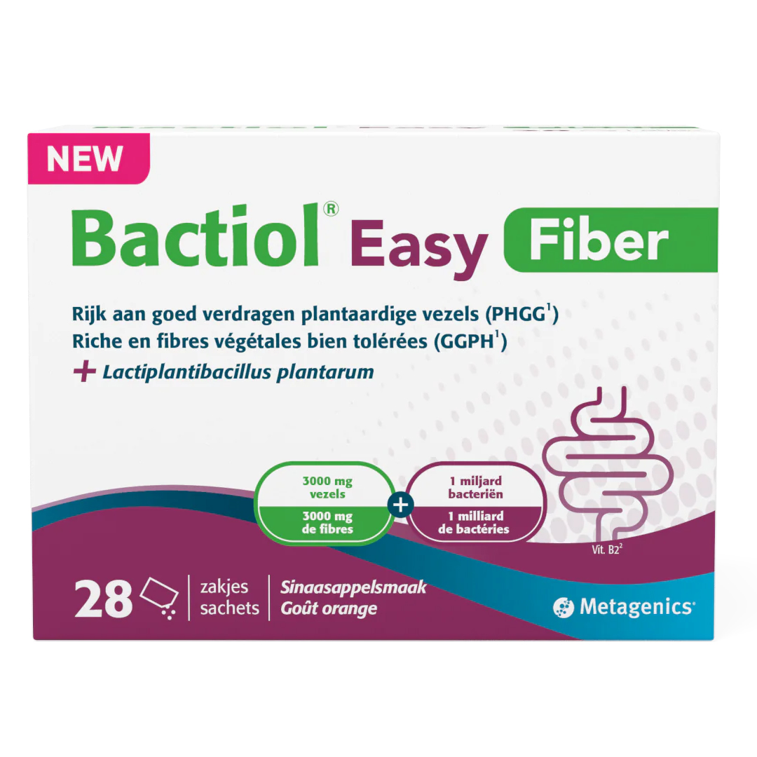 Metagenics Bactiol Easy Fiber zakjes – probiotica PHGG guargom vezels Lactiplantibacillus plantarum vitamine B2 sinaasappelsmaak darmcomfort