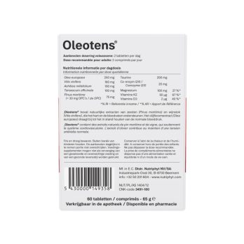 Nutriphyt Oleotens – tabletten met olijfboomextract, wijnstokextract, zeeden, duizendblad, co-enzym Q10, vitamine K2 en D3, magnesium en taurine, clean label voedingssupplement van Nutriphyt België