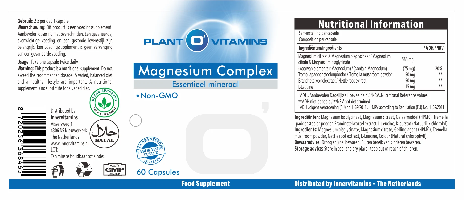 Plant O'Vitamins Magnesium Complex 60 capsules – magnesiumcitraat bisglycinaat tremella brandnetel chlorofylcapsule veganistisch