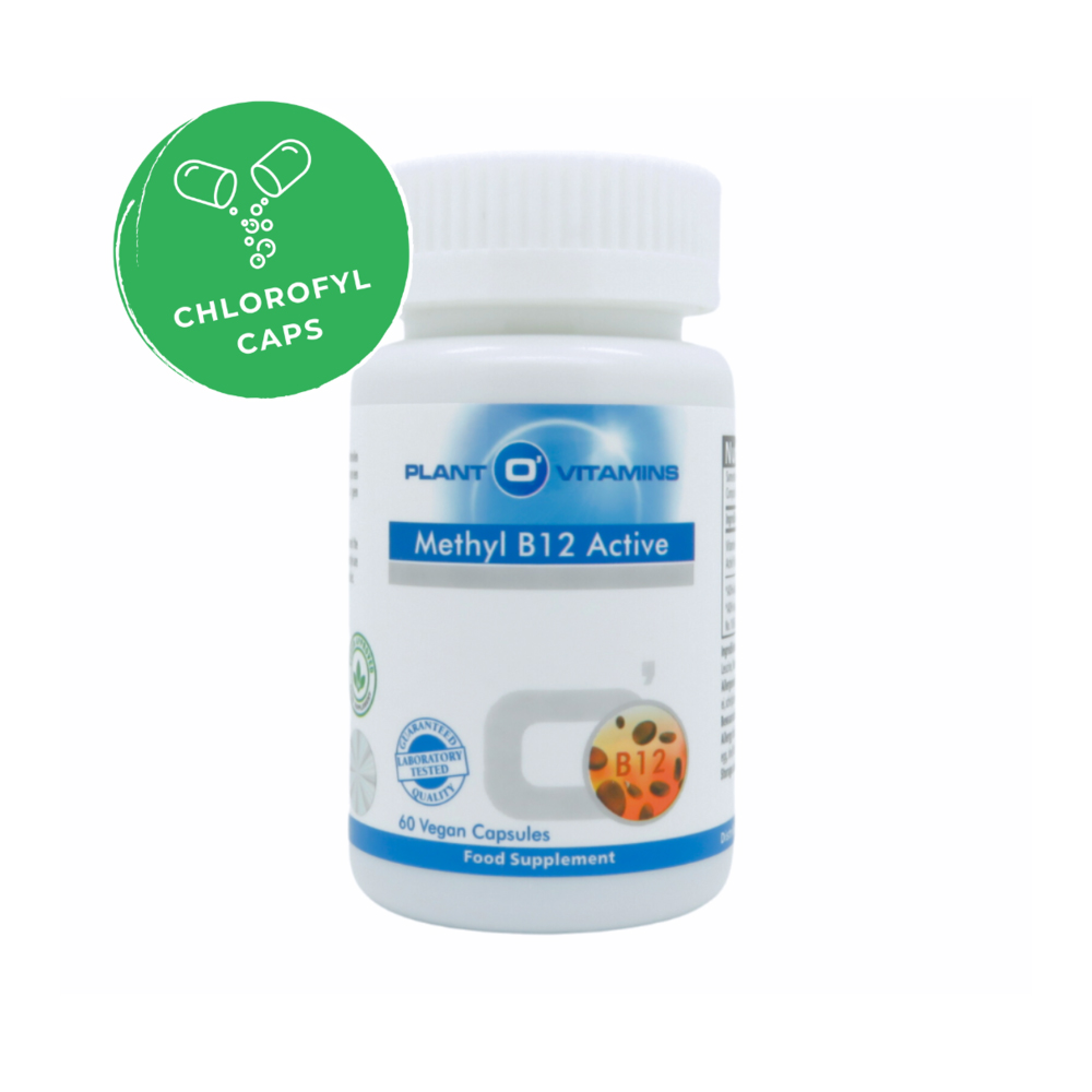 Plant O'Vitamins Methyl B12 Active 60 capsules – methylcobalamine actief folaat chlorofylcapsule poedervorm. Veganistisch