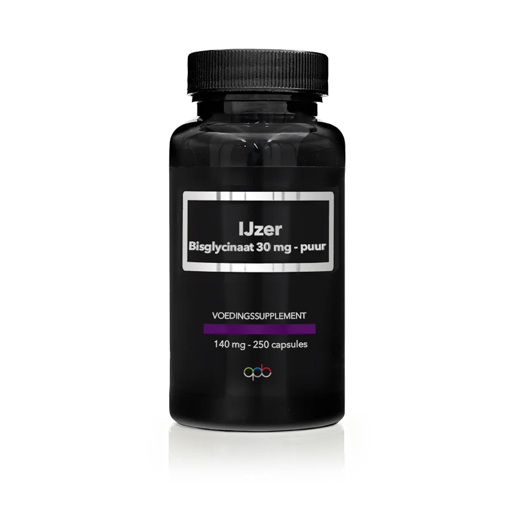 APB Holland IJzer Bisglycinaat 250 capsules - 30 mg elementair ijzer bisglycinaat HPMC plantaardige capsule zwarte pot APB Holland BV