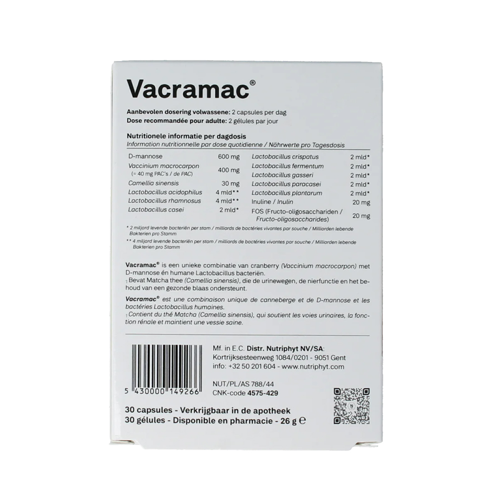 Nutriphyt Vacramac 30 capsules – cranberry 40 mg PAC D-mannose 600 mg matcha groene thee 8 lactobacillus stammen crispatus inuline FOS maagzuurresistent urinewegen