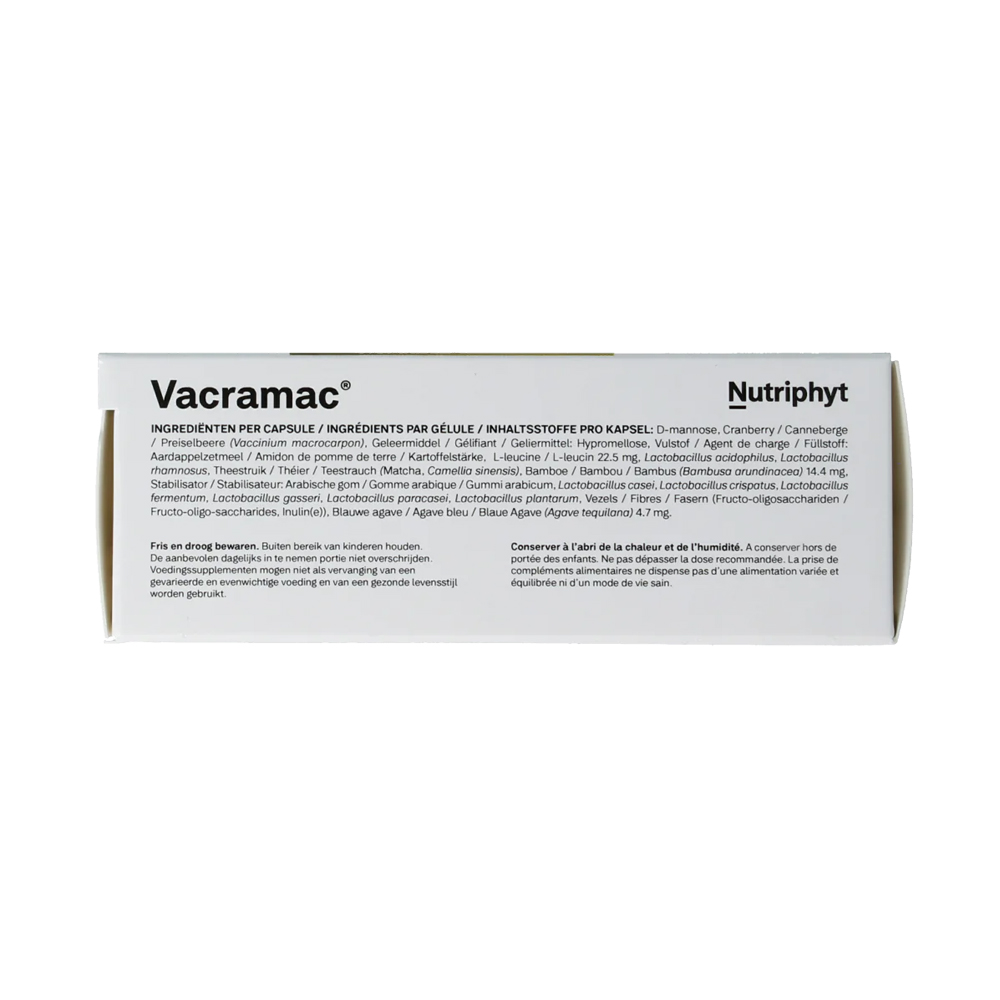 Nutriphyt Vacramac 30 capsules – cranberry 40 mg PAC D-mannose 600 mg matcha groene thee 8 lactobacillus stammen crispatus inuline FOS maagzuurresistent urinewegen