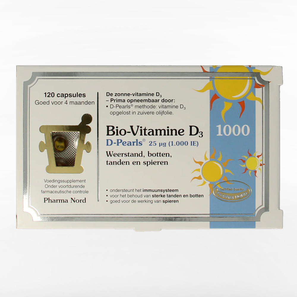 Pharma Nord Bio Vitamine D3 25 mcg 1000 IE capsules - D-Pearls cholecalciferol olijfolie rundergelatine niet voor kinderen tot 10 jaar
