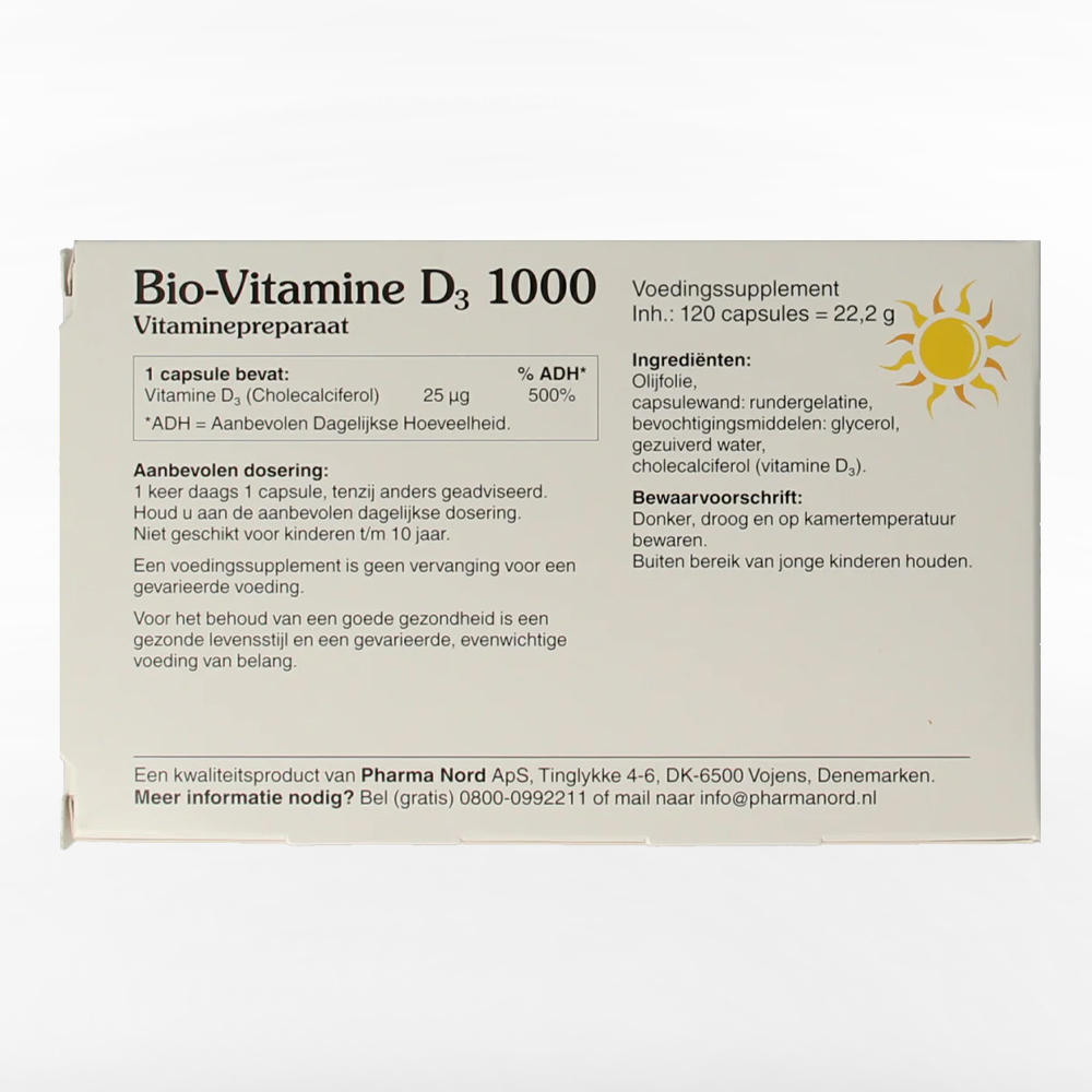Pharma Nord Bio Vitamine D3 25 mcg 1000 IE capsules - D-Pearls cholecalciferol olijfolie rundergelatine niet voor kinderen tot 10 jaar