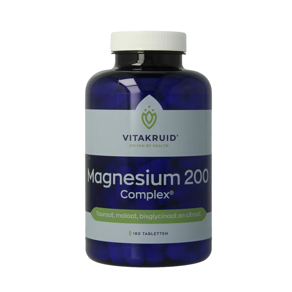 Vitakruid Magnesium 200 Complex 180 tabletten – magnesiumtauraat malaat bisglycinaat drie organische vormen L-taurine 200 mg elementair magnesium