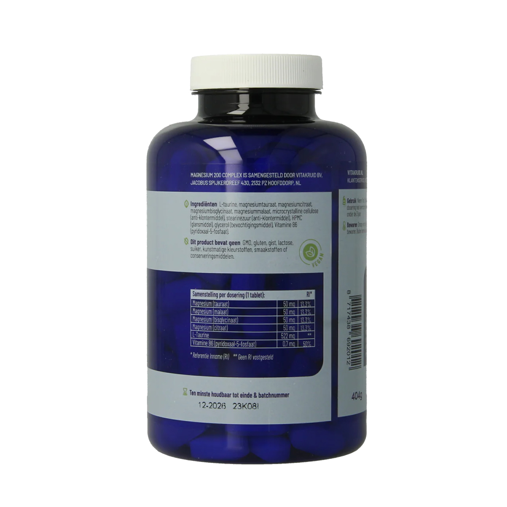 Vitakruid Magnesium 200 Complex 180 tabletten – magnesiumtauraat malaat bisglycinaat drie organische vormen L-taurine 200 mg elementair magnesium