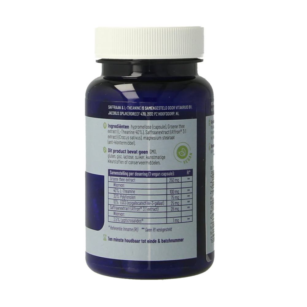 Vitakruid Saffraan 28mg Affron L-Theanine vegan capsule - Affron 3:1 saffraanextract 28mg 3,5% lepticrosalides L-theanine 100mg EGCG 25mg groene thee extract 250mg