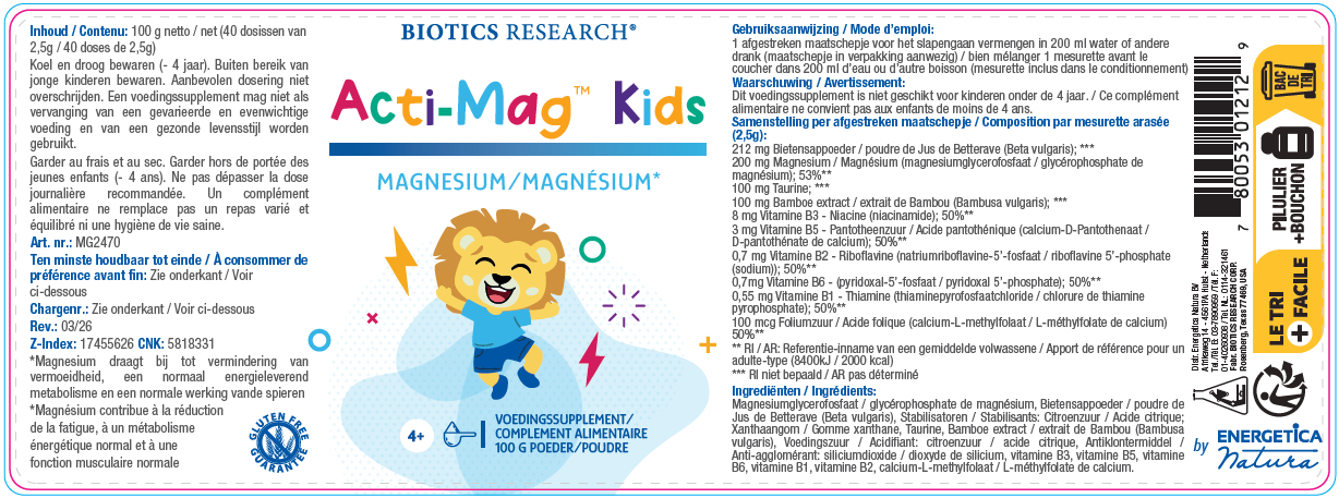 Biotics Research Acti-Mag Kids – magnesiumpoeder voor kinderen met actieve B-vitamines en taurine, 100 g pot met maatschepje, van Biotics Research