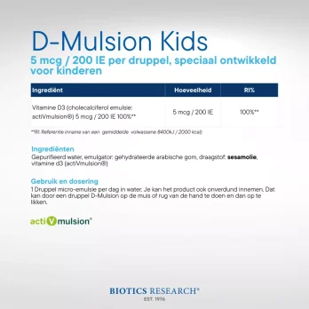 Biotics Research D-Mulsion Kids – vitamine D3 druppels voor kinderen, 5 mcg per druppel, ActiVmulsion®-technologie, 29,6 ml flesje
