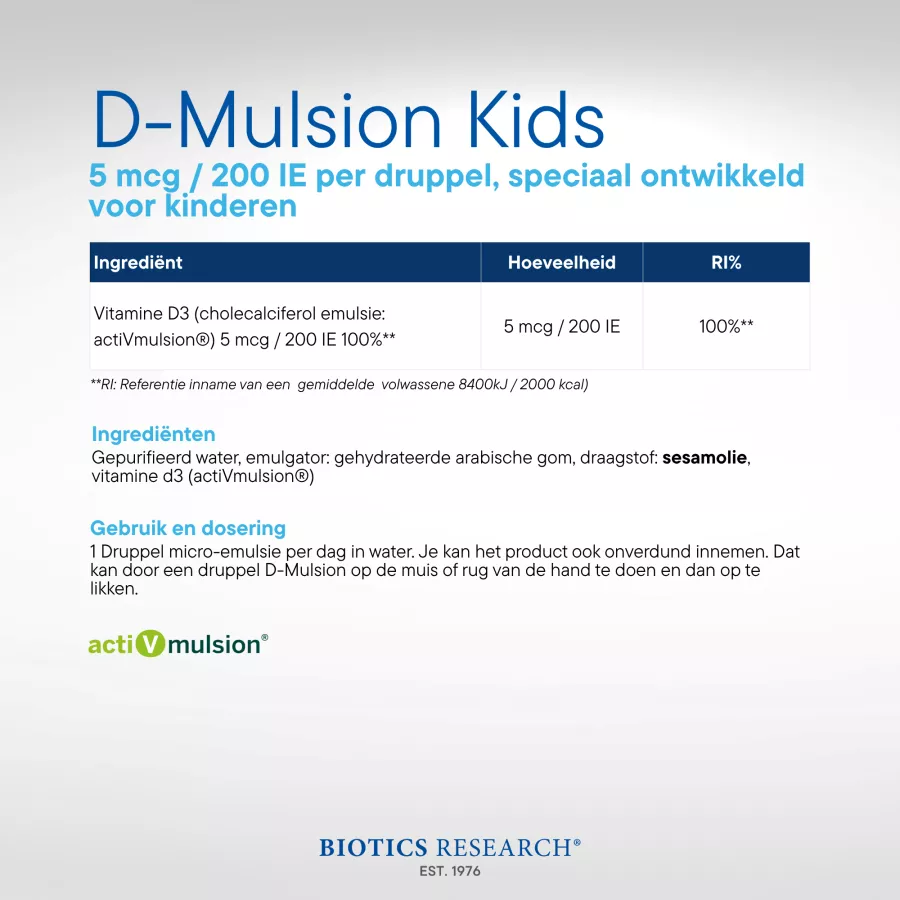 Biotics Research D-Mulsion Kids – vitamine D3 druppels voor kinderen, 5 mcg per druppel, ActiVmulsion®-technologie, 29,6 ml flesje