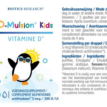 Biotics Research D-Mulsion Kids – vitamine D3 druppels voor kinderen, 5 mcg per druppel, ActiVmulsion®-technologie, 29,6 ml flesje